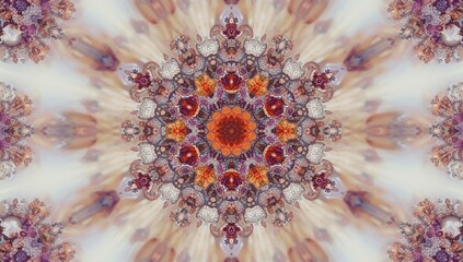 Vivid floral motifs in intricate symmetrical designs with geometric kaleidoscope effects, ideal for UI backdrop or editorial headers