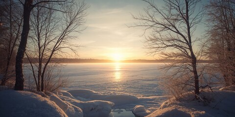 Sunset's warm glow reflecting on icy water surface, highlighting winter landscape