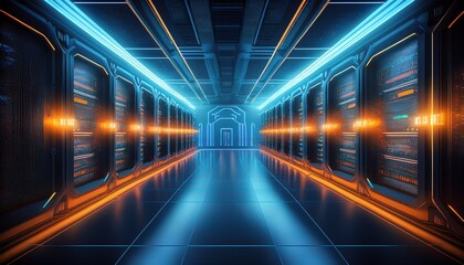 futuristic it data server room interior with glowing blue and orange lights representing advanced cloud infrastructure and ai technology perfect for network visualization digital background design