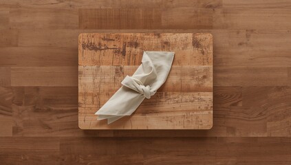 Overhead view of a cutting board and napkin on a wooden kitchen table, focusing on kitchen workspace layout