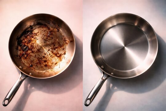 Overhead side by side of dirty and cleaned stainless frying pans on pastel toned table surface