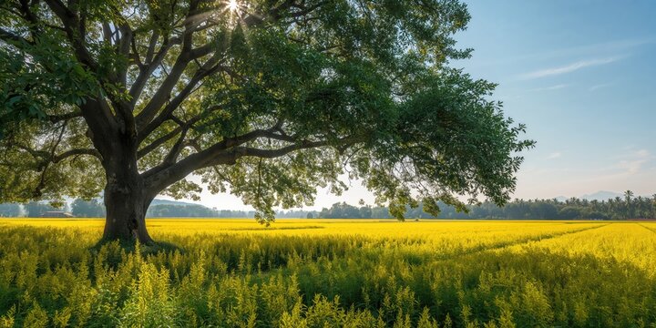 Rain Tree with vibrant yellow Crotalaria juncea fields in the background, serving as agricultural landscape for sustainable crop rotation