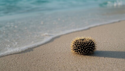 Sea urchin with spiny texture on damp sand, illustrating marine life preservation