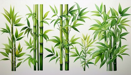 seven individual bamboo plants with green leaves and stems are isolated on a white background they are all different sizes and shapes