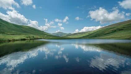 Fototapeta premium Tranquil water body bordered by gentle hills under bright blue sky, suitable for editorial header background