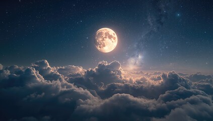 Imaginary moon in the night sky over clouds, illustrating atmospheric conditions in a natural setting