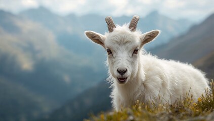 Obraz premium Young mountain goat captured in a natural setting, focusing on its physical features and habitat, ideal for wildlife documentation