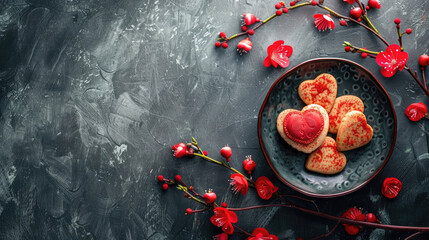 Valentine's Day, Heart-shaped cookies on a black plate surrounded by red flowers. celebrations or romantic occasions. copy space, free space for text