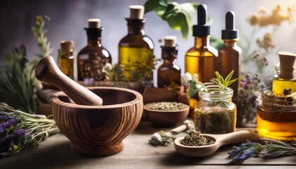 herbal medicine preparation with mortar and pestle essential oils and dried herbs this image showcases the preparation of natural remedies using traditional methods and ingredients