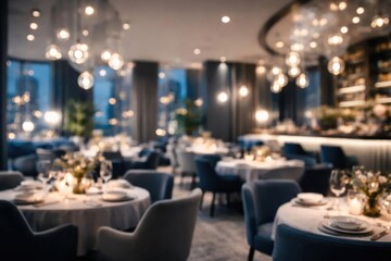 blurred sophisticated restaurant interior with cool tones designed by AI for banner backgrounds