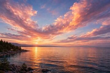 Obraz premium Pastel sunset clouds spanning across lake and sea horizons