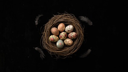 Eggs in nest against black backdrop, highlighting natural incubation process for Earth Day