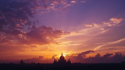 Vivid cityscape at dusk with purple sky and clouds, highlighting atmospheric lighting