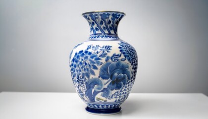 elegant blue and white porcelain vase with floral designs displayed on a white background