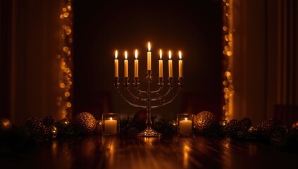 Lighting Hanuka candles in a Hanukkiya during the final night of Hanuka, emphasizing holiday illumination