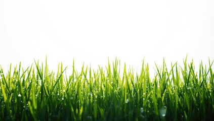 Obraz premium Detailed view of fresh green grass blades against a plain white surface, ideal for text overlay backgrounds