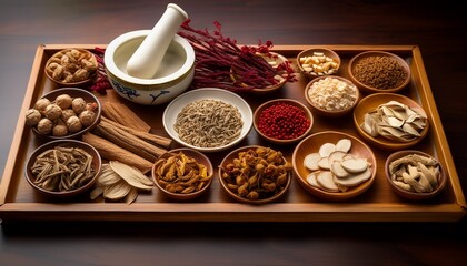 traditional chinese medicine ingredients on a wooden tray for wellness this image showcases various ingredients commonly used in traditional chinese medicine practices