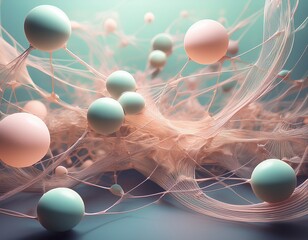 abstract organic network with floating spheres in soft pastel tones