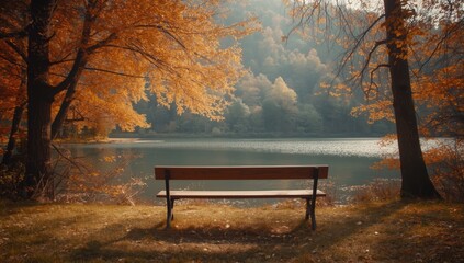 Wooden bench positioned in a park scene with vibrant orange trees and calm water, nature preservation