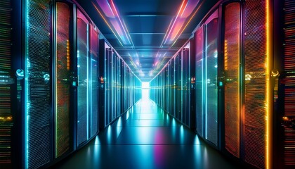 futuristic it data center with colorful led lights and glowing reflections symbolizing advanced cloud technology network security and modern digital infrastructure innovation