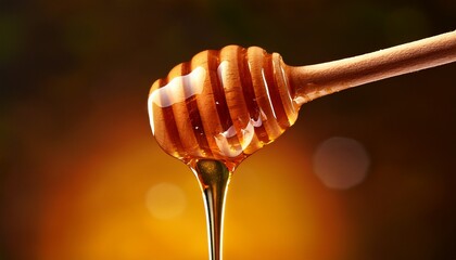 close up of sweet golden honey dripping from wooden dipper