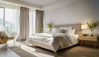 comfortable bed with fresh white linens in a bright bedroom