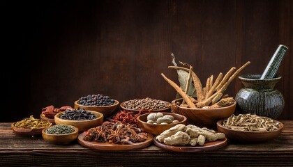 traditional chinese medicine ingredients on a rustic wooden surface this image showcases various ingredients commonly used in traditional chinese medicine practices
