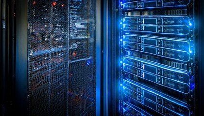 close up of illuminated server racks in a high tech data center representing cloud computing networking and cybersecurity ideal for it security and infrastructure themes
