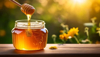 golden honey pouring into a jar on a wooden table with a vibrant natural background