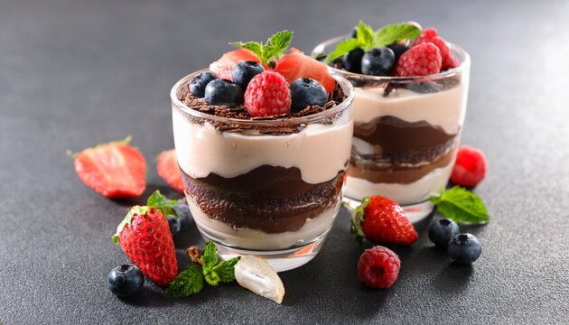 delicious chocolate berry parfait dessert in glass