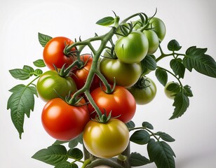 a tomato plant bearing numerous ripe and green tomatoes on a white background