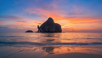 Fototapeta premium Beach scene with rocky shoreline at dawn, highlighting natural scenery and summer tourism, World Oceans Day