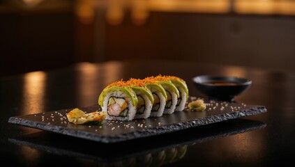Green Dragon sushi roll with avocado, wasabi, and ginger, focused on flavor profile for food presentation