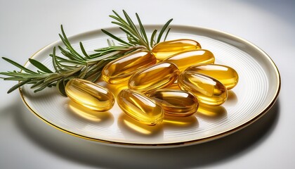 omega 3 capsules with rosemary sprig on a white plate healthy lifestyle concept this image showcases omega 3 capsules alongside fresh rosemary perfect for health and wellness themes