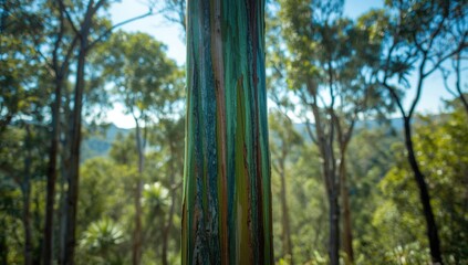 Vivid eucalyptus bark in a forest setting, highlighting natural growth patterns