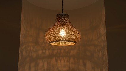 Woven pendant light casting warm illumination, ideal for cozy interior decor