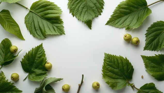 Top view of sycamore plane tree fruit and leaves, used as a layout background, seasonal change