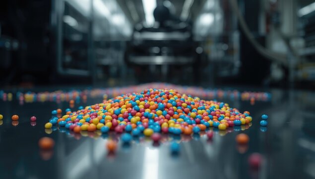 Polyethylene pellets, small plastic granules used in product production, as part of manufacturing safety protocols