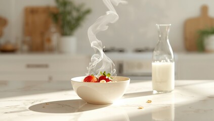 A bowl of strawberry oatmeal topped with milk, highlighting a nutritious meal choice for wellness observance