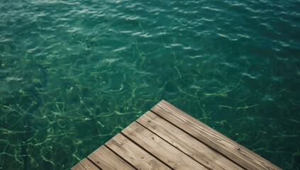Fototapeta premium Dock's end with lush green water in the background, used as an editorial header background, Earth Day