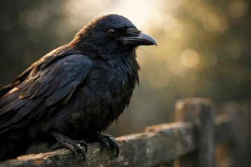 Fototapeta premium Intimate close up shot of a crow standing on a fence in soft daylight