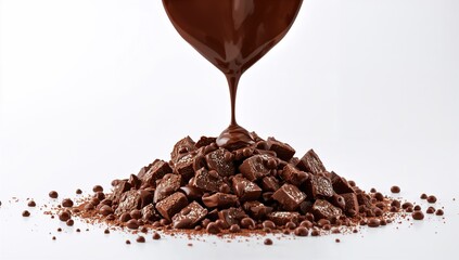 Chocolate pieces with aerated texture and syrup, designed for culinary decoration, on a plain background