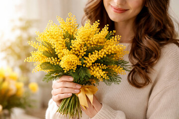 Naklejka premium Woman holding a bouquet of yellow mimosa flowers, spring holiday and International Women's Day concept.