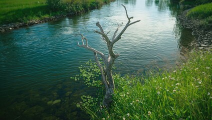 Silver-colored leafless tree amid lush greenery and water, spring landscape, outdoor environment