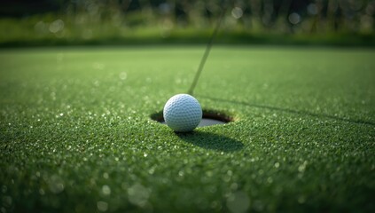 Detailed view of a golf ball resting on a lush green, suitable for sports surface documentation
