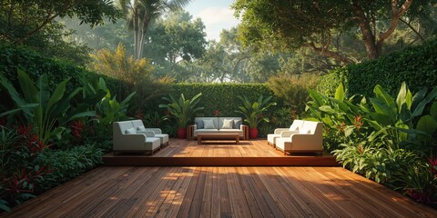 Tropical garden setting with wooden deck and lush greenery, emphasizing eco-friendly outdoor spaces, World Environment Day