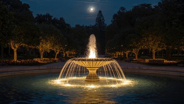 City park illuminated at night with water features and tourists, highlighting urban outdoor spaces