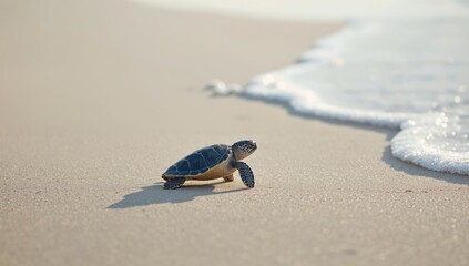 Young leatherback sea turtle emerging from nest on sandy shoreline, highlighting species conservation, World Sea Turtle Day