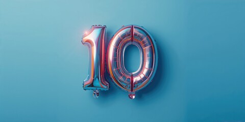 Colorful foil balloon number, festive setting, top-down perspective, bright numeral against blue background for event decoration