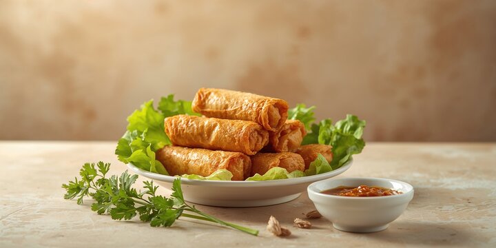 Spring rolls deep-fried for starters, emphasizing golden crust and aromatic herbs